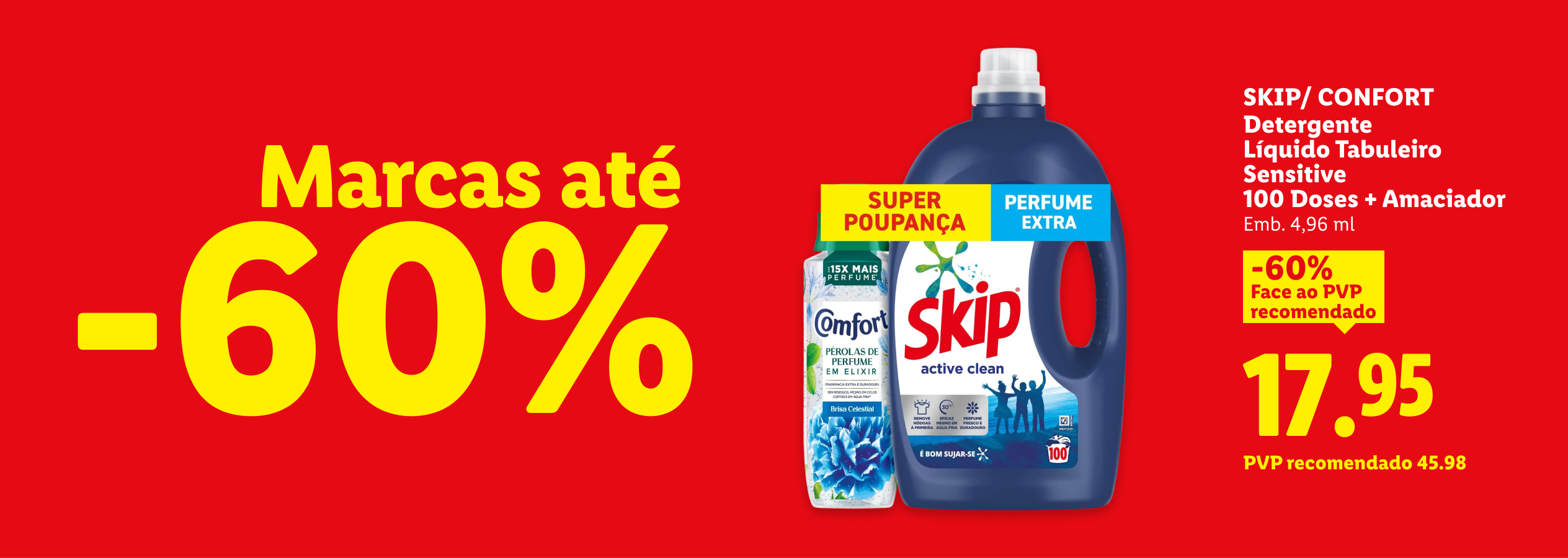 Detergente líquido e amaciador com 60% de desconto, preço final de 17,95€.