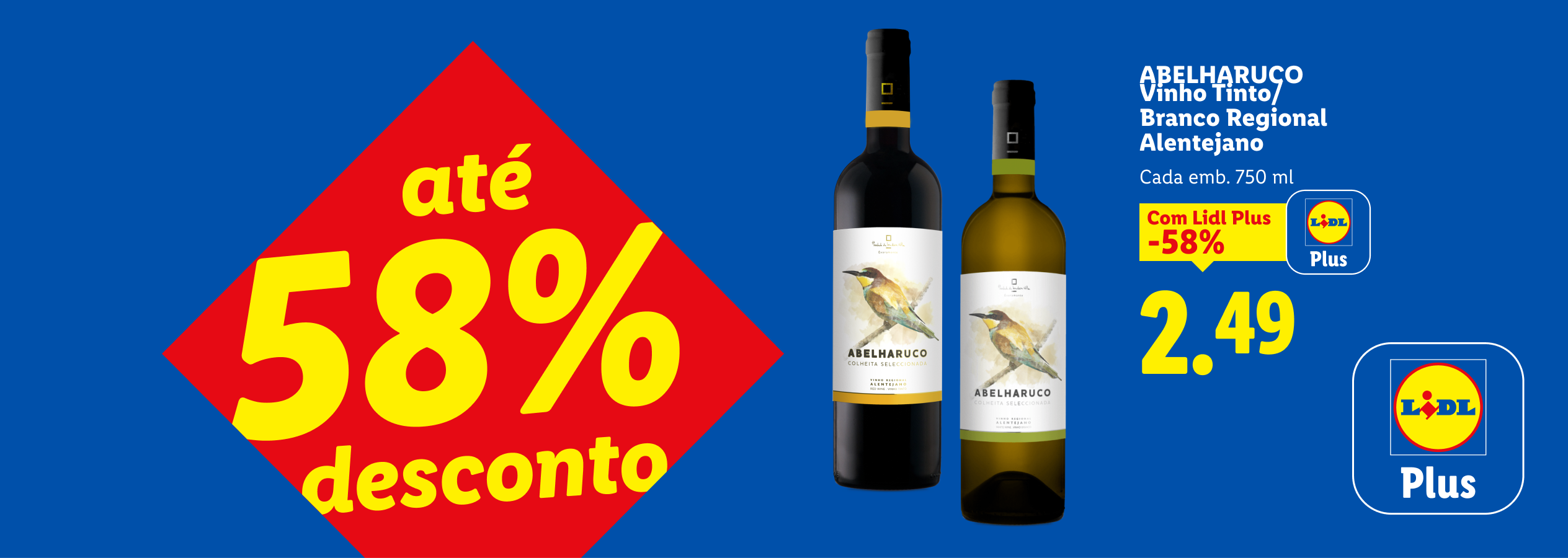 Vinhos tinto e branco regionais do Alentejo com até 58% de desconto, custando 2,49€ com Lidl Plus.