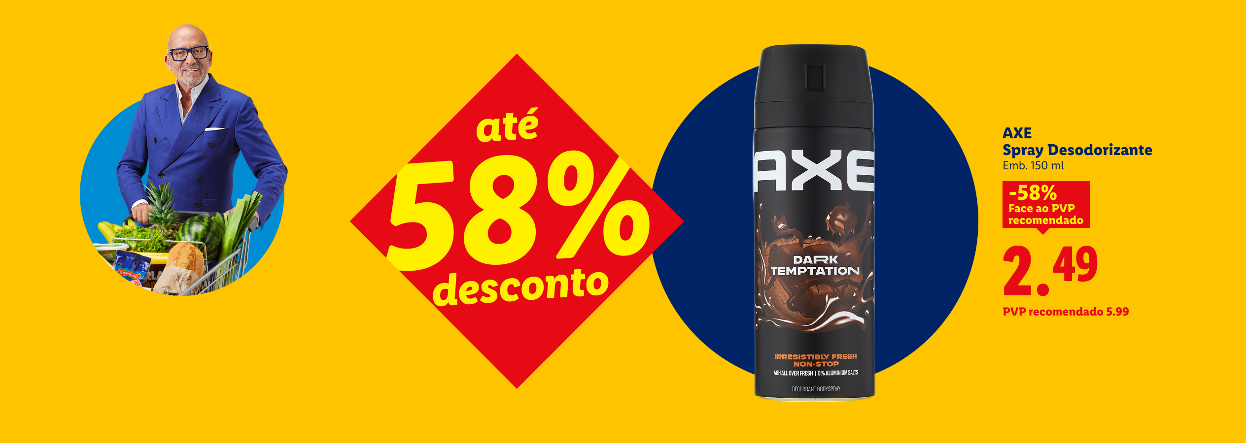 Homem com carrinho de compras e desodorizante em spray com 58% de desconto.