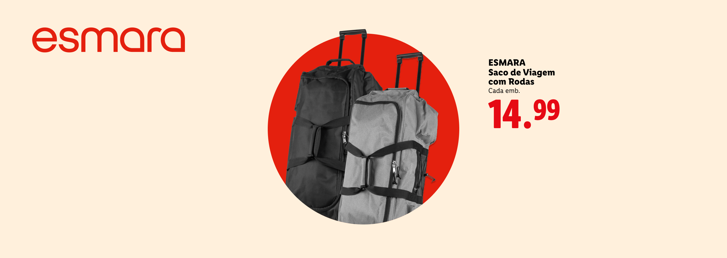 Sacos de viagem com rodas em preto e cinzento, com preço de 14,99.