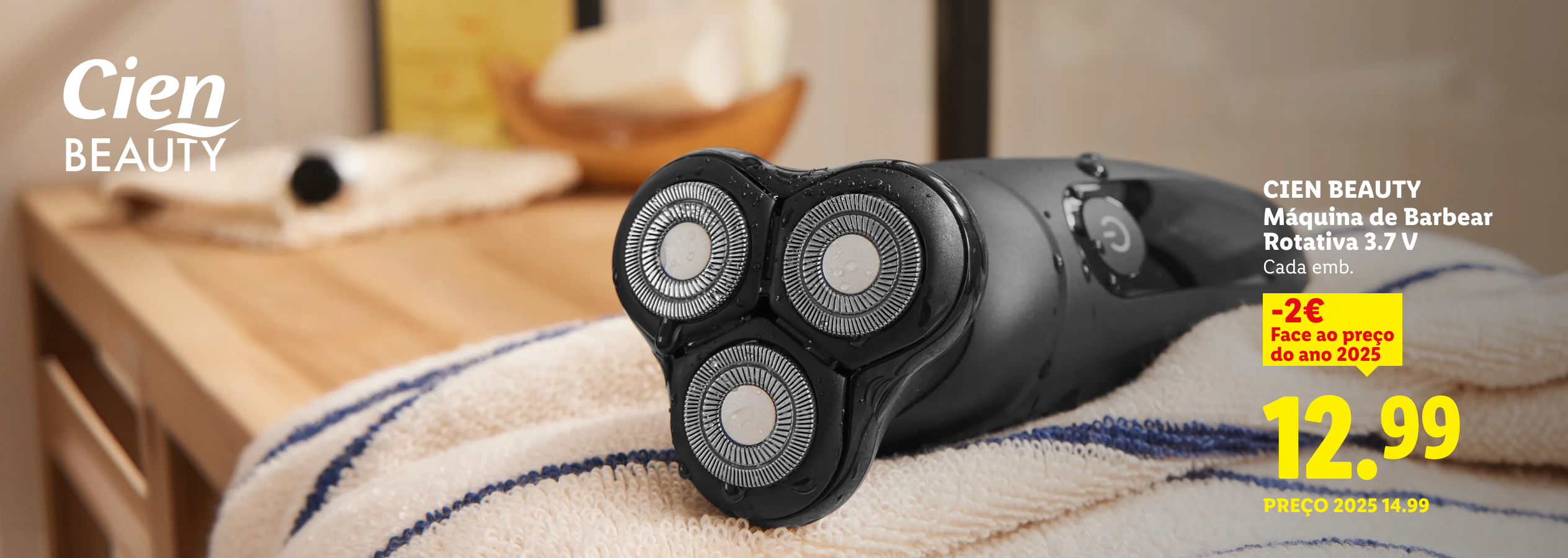 Máquina de barbear rotativa 3.7 V por 12.99€, com desconto de 2€ face ao preço de 2025.