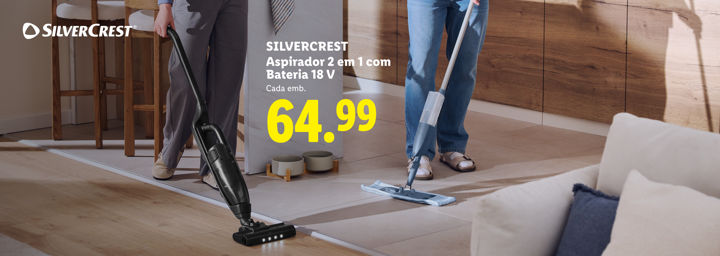 Aspirador 2 em 1 com bateria 18 V e esfregona, ambos a 64.99€.