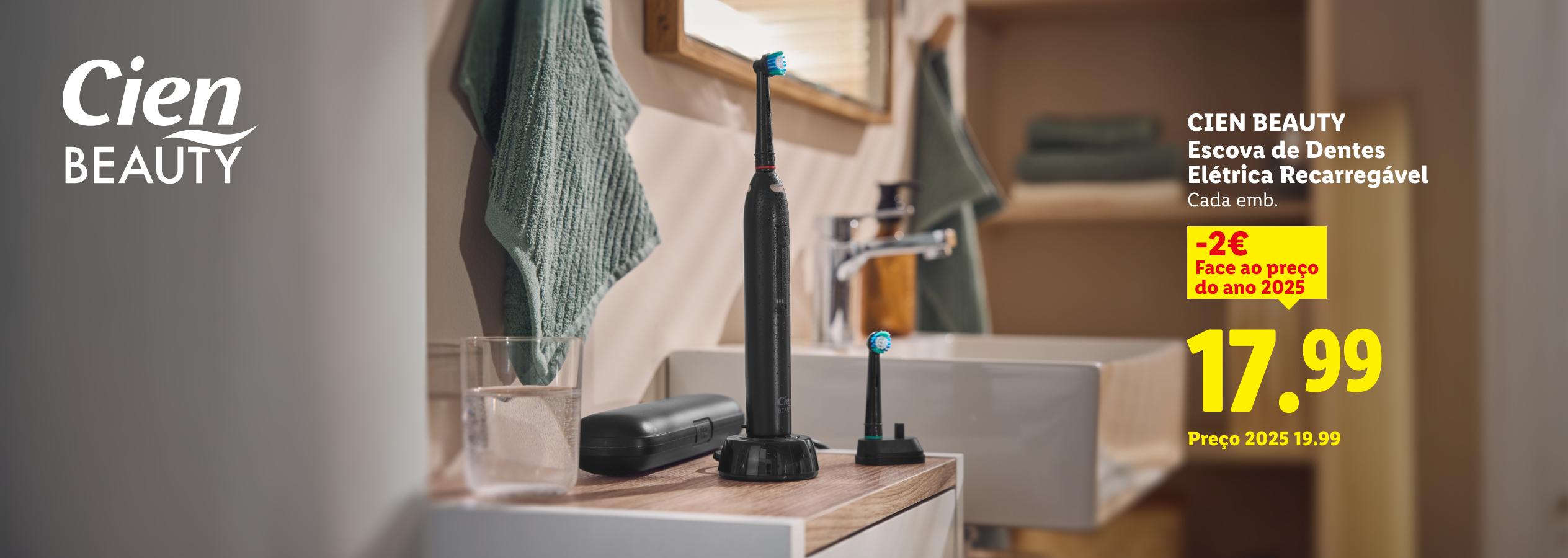 Escova de dentes elétrica recarregável em promoção, com preço de 17,99€.
