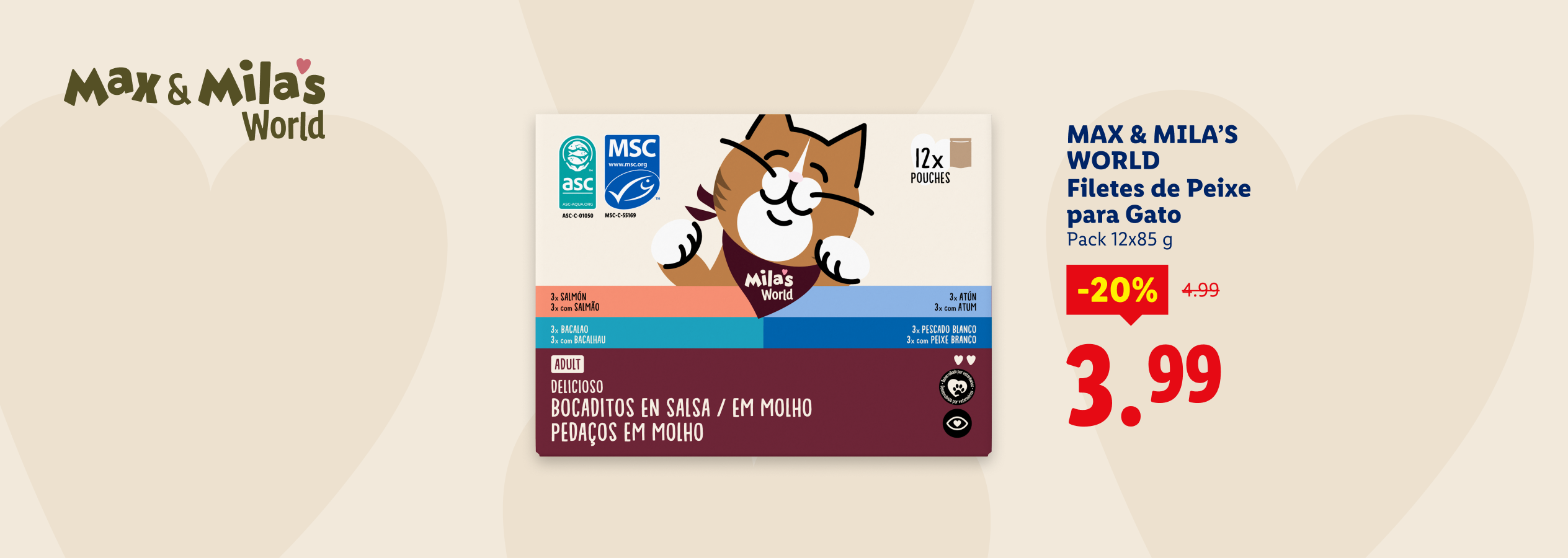 Embalagem de comida húmida para gato em molho com desconto de 20%.