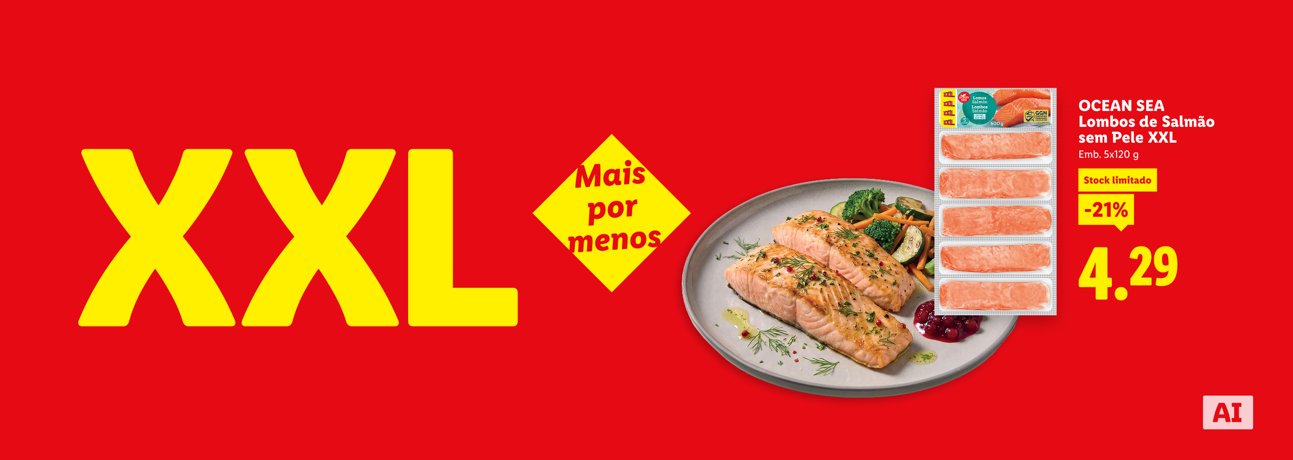 Lombos de salmão sem pele XXL com desconto de 21% por 4,29€.