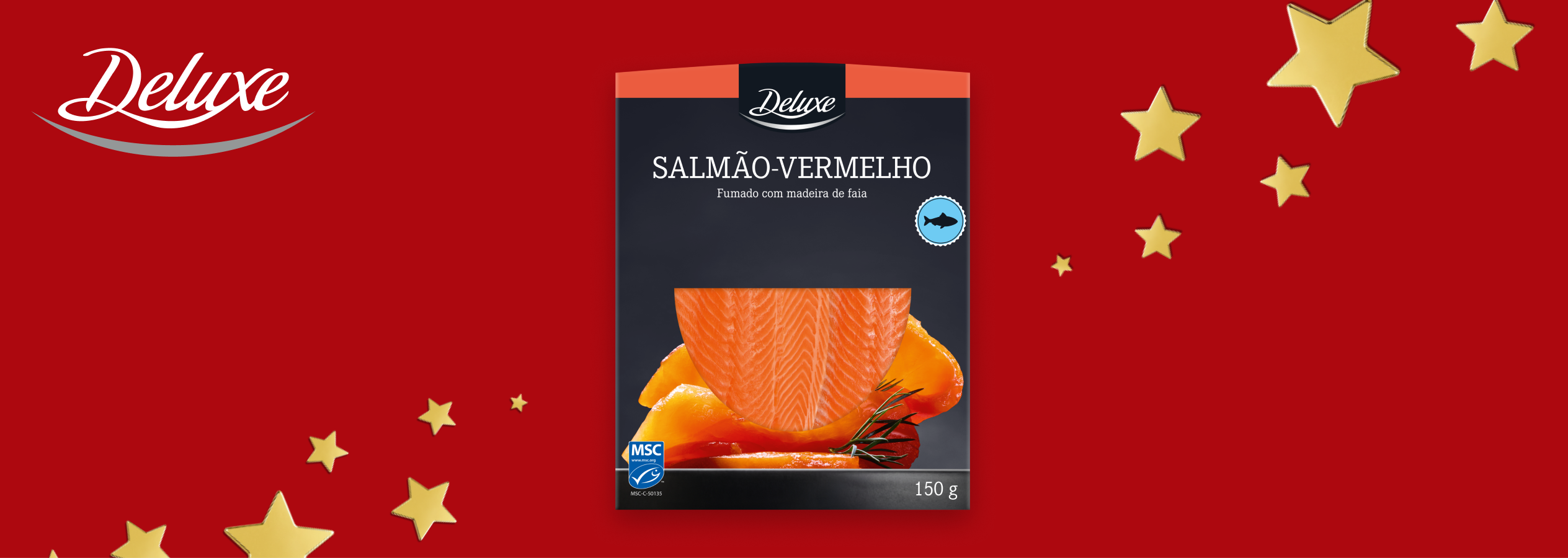 Embalagem de Salmão-Vermelho Deluxe fumado com madeira de faia, 150 g