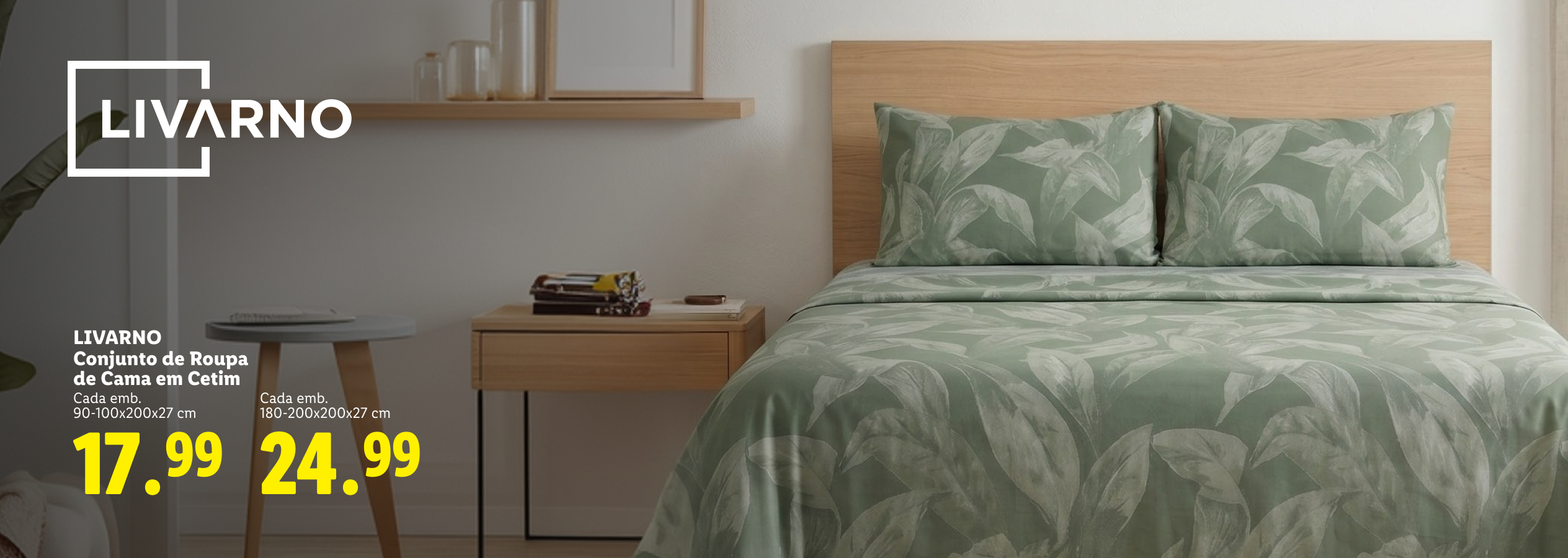Conjunto de roupa de cama em cetim com padrão de folhas verdes, disponível em dois tamanhos e preços.