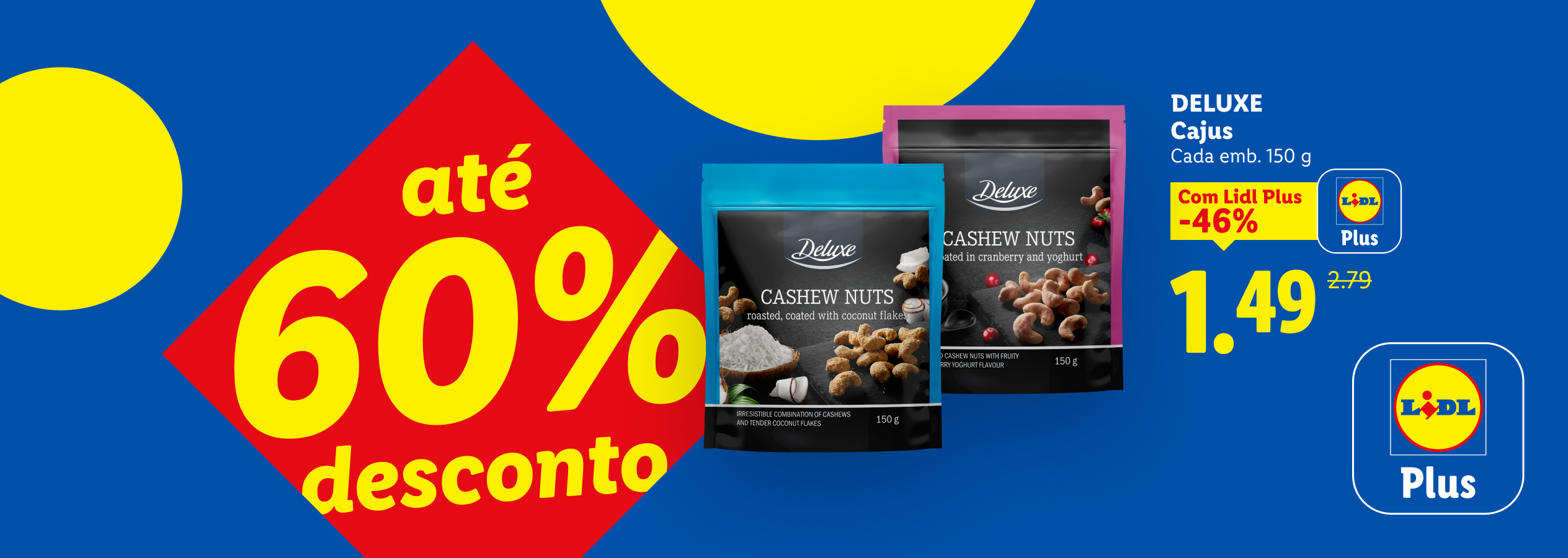 Anúncio de cajus com até 60% de desconto, preço Lidl Plus de 1,49€.