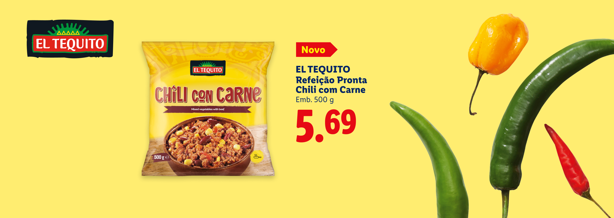 Embalagem de chili com carne, com pimentões e o preço de 5,69.
