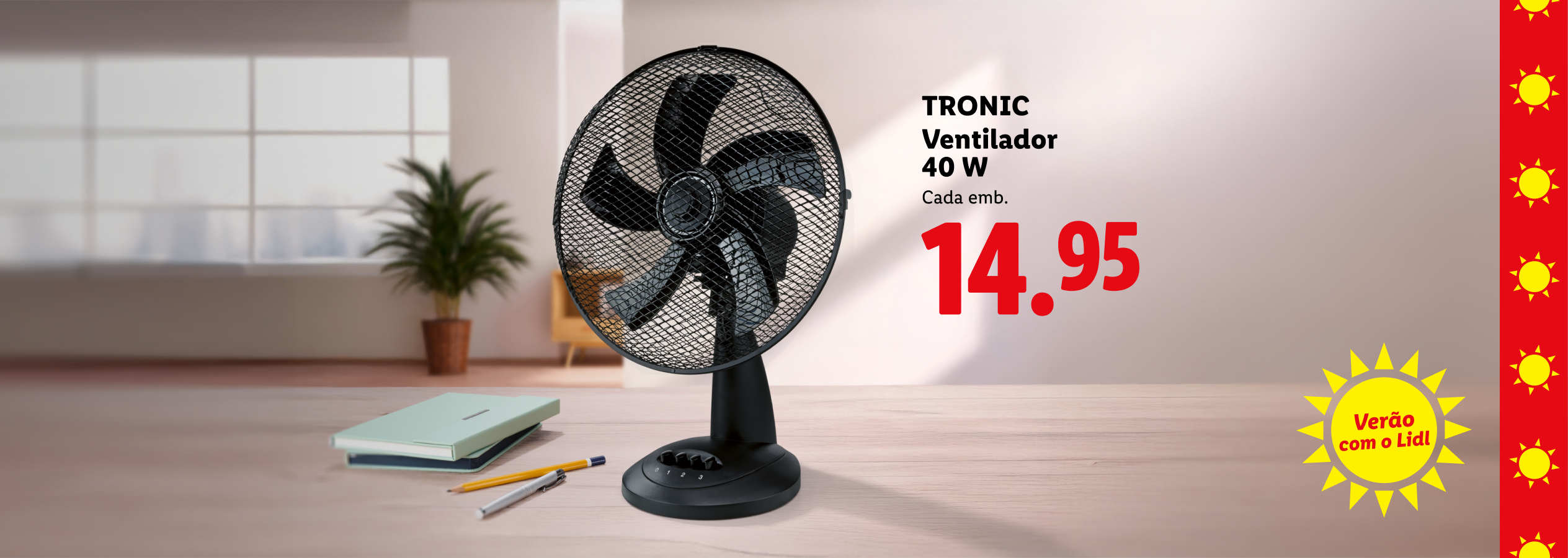 Ventilador de mesa preto com preço de 14,95€, com o tema 'Verão com o Lidl'.