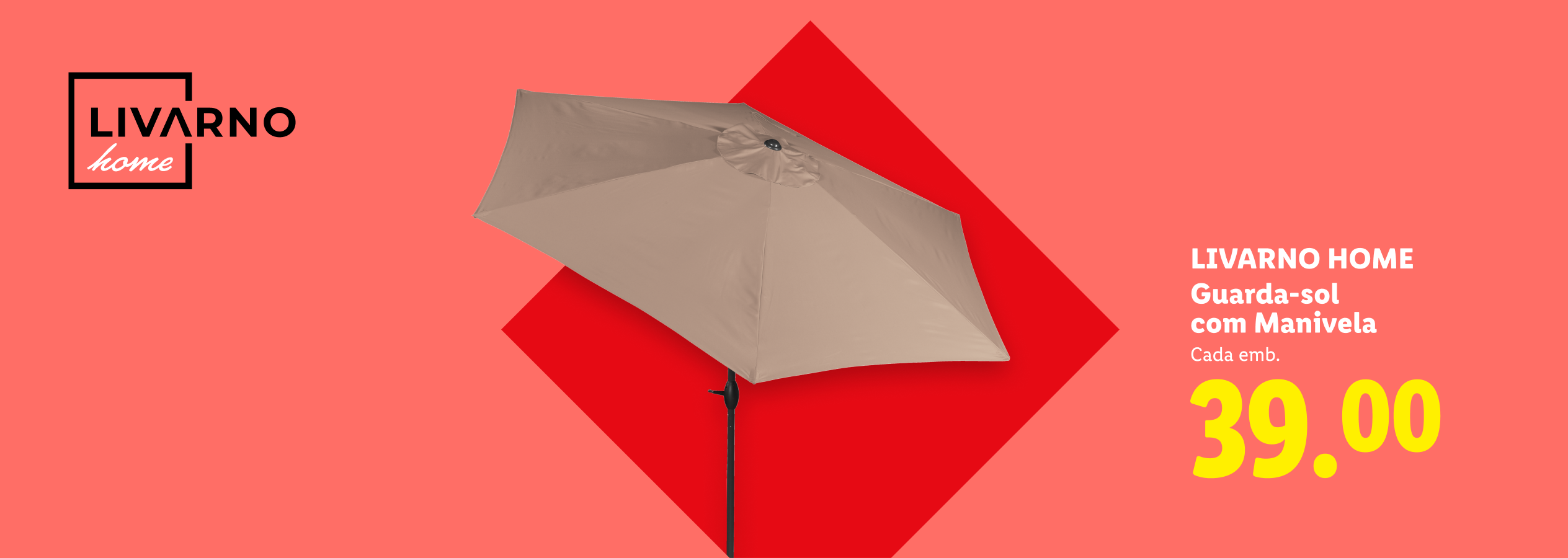 Guarda-sol bege com manivela, em fundo vermelho, com preço de 39,00.