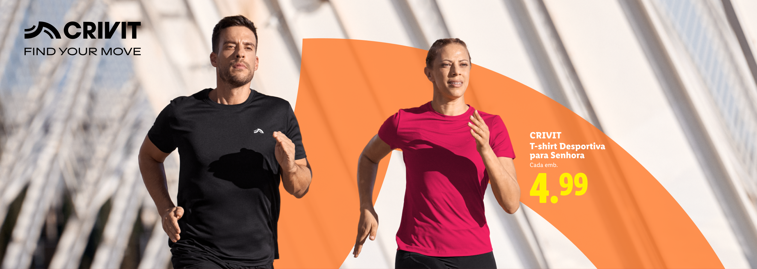 Homem e mulher a correr, a usar t-shirts desportivas, com preço de 4,99.