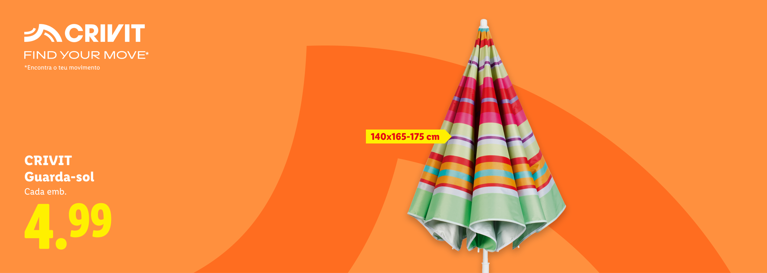 Guarda-sol às riscas com dimensões de 140x165-175 cm, custando 4,99€.
