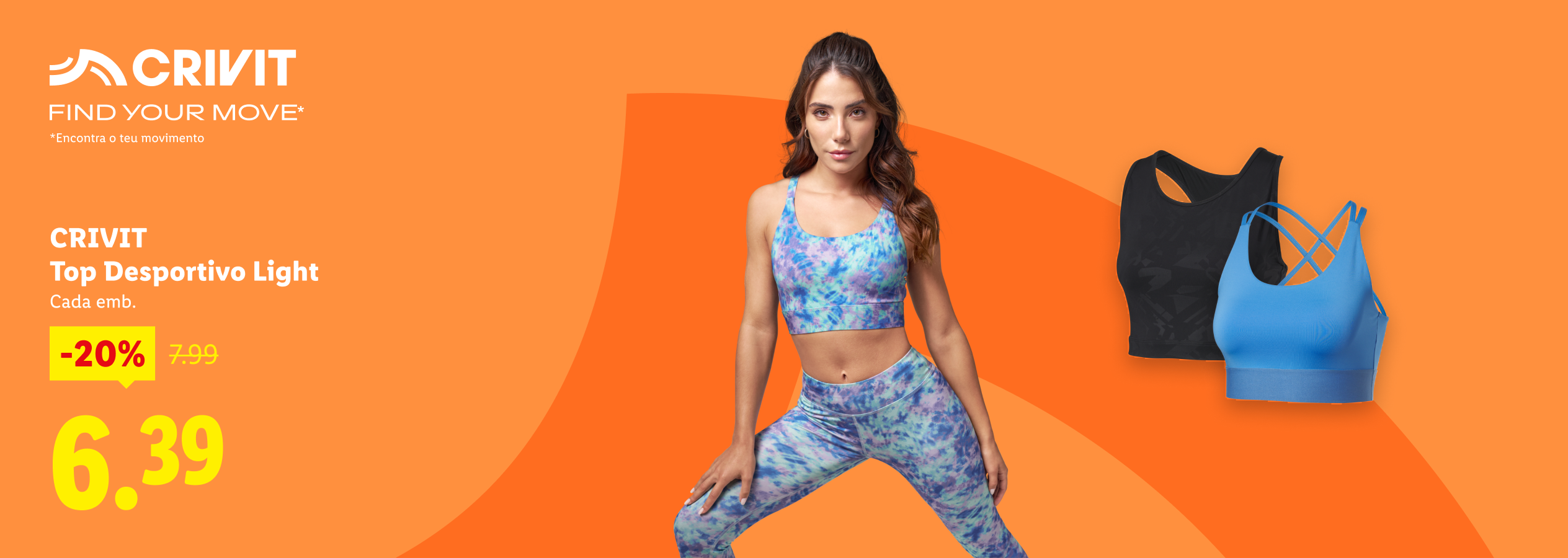 Mulher em top e leggings desportivos, com tops desportivos adicionais e desconto de 20%.