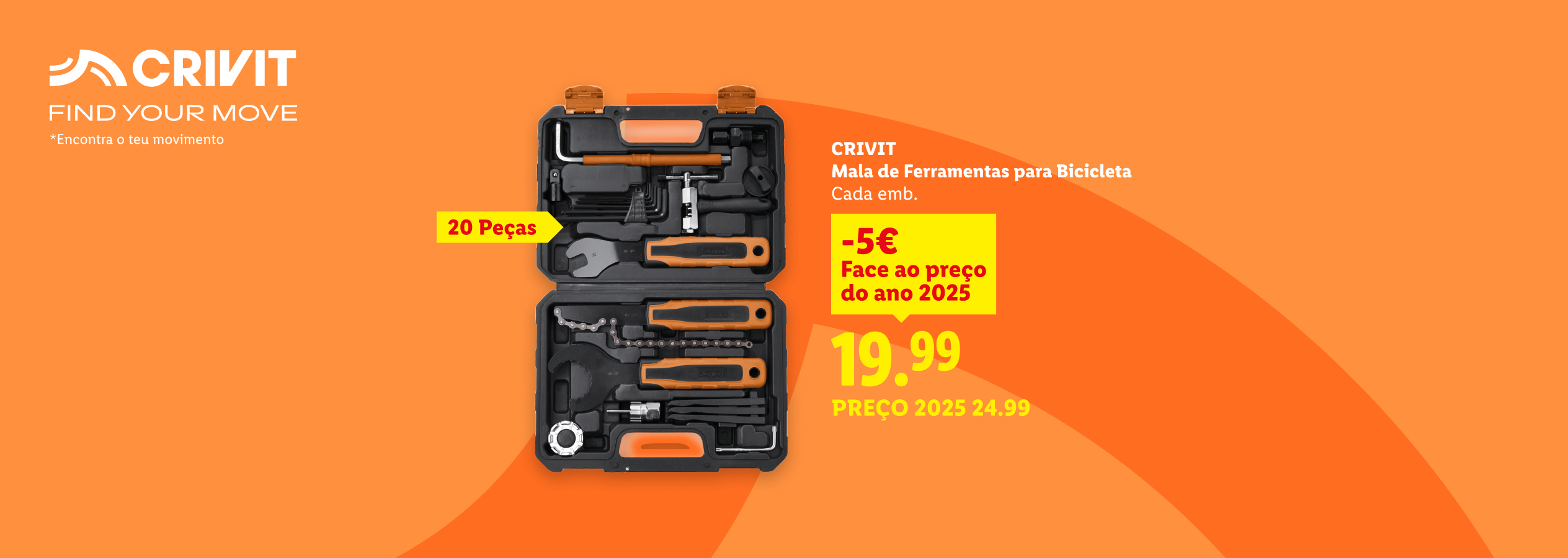 Mala de ferramentas para bicicleta com 20 peças, com desconto de 5€, agora 19,99€.