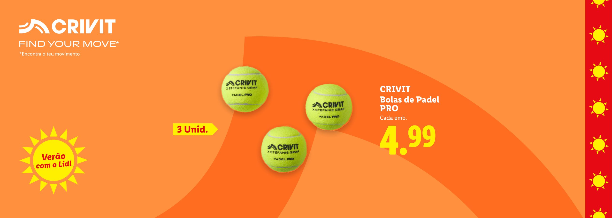Bolas de Padel PRO, 3 unidades, por 4,99 euros, com o tema 'Verão com o Lidl'.