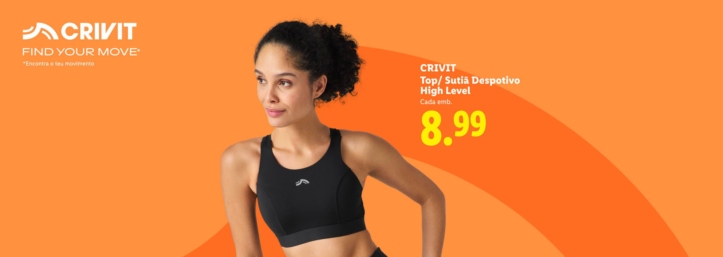 Mulher a usar um top/sutiã desportivo de alto nível, com o preço de 8,99.