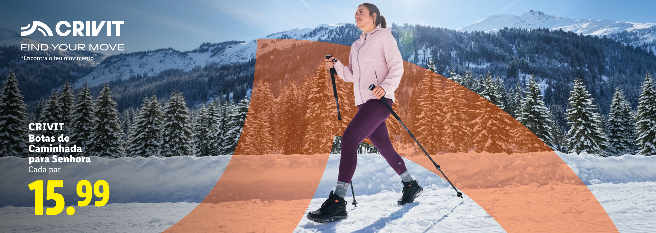 Mulher a caminhar na neve com botas de caminhada e bastões, por 15.99€.