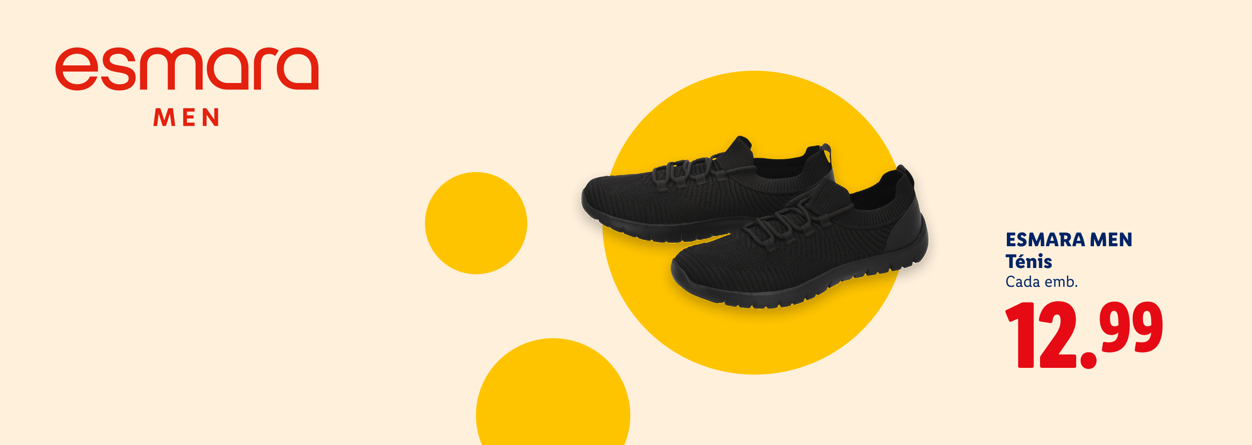 Ténis masculinos pretos com preço de 12,99€.
