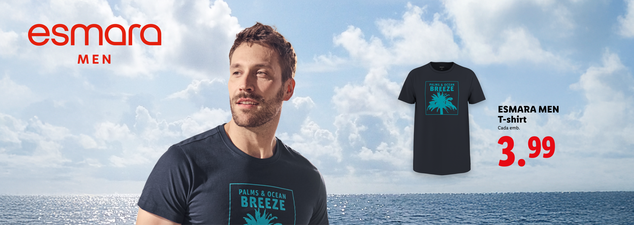T-shirt masculina com estampado 'Palms & Ocean Breeze' por 3,99.