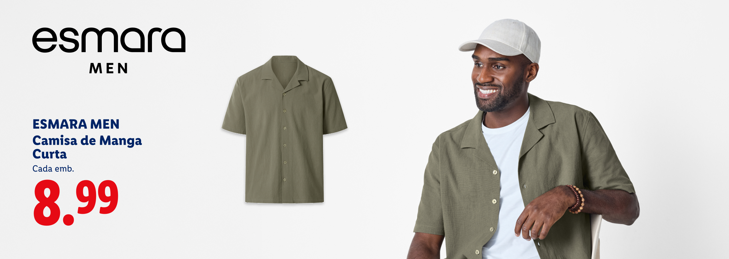 Camisa de manga curta para homem, cor caqui, por 8,99€.