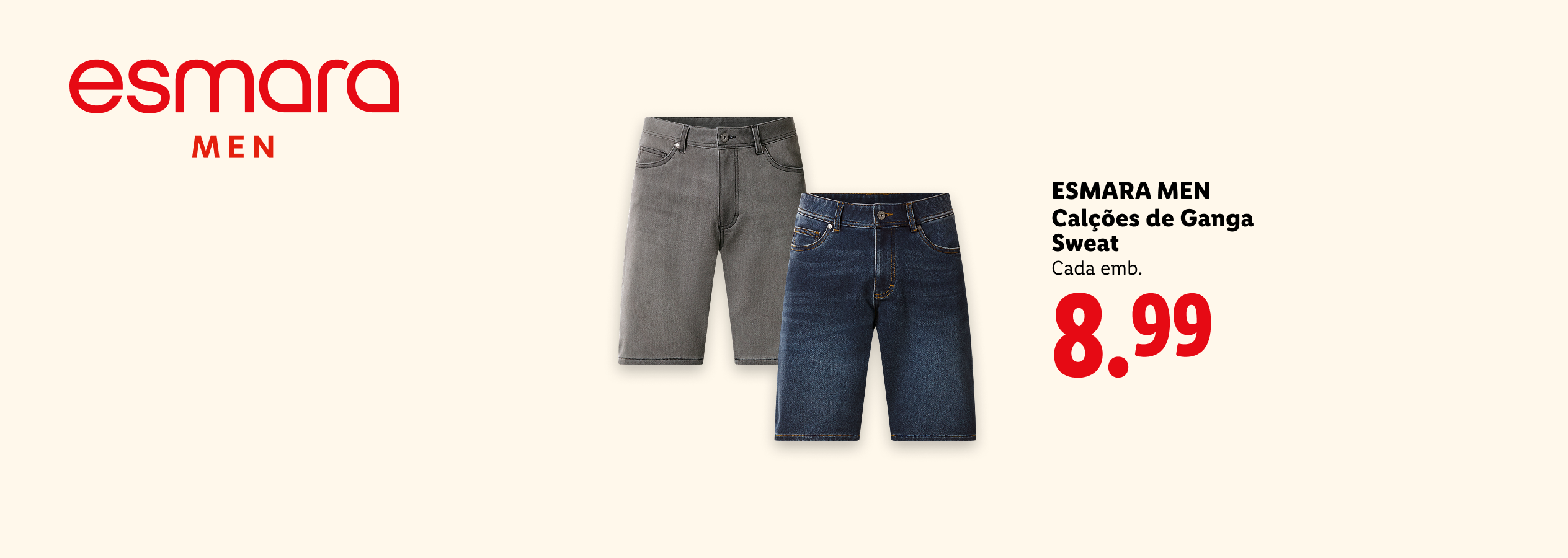 Calções de ganga sweat para homem em cinzento e azul, com preço de 8,99.