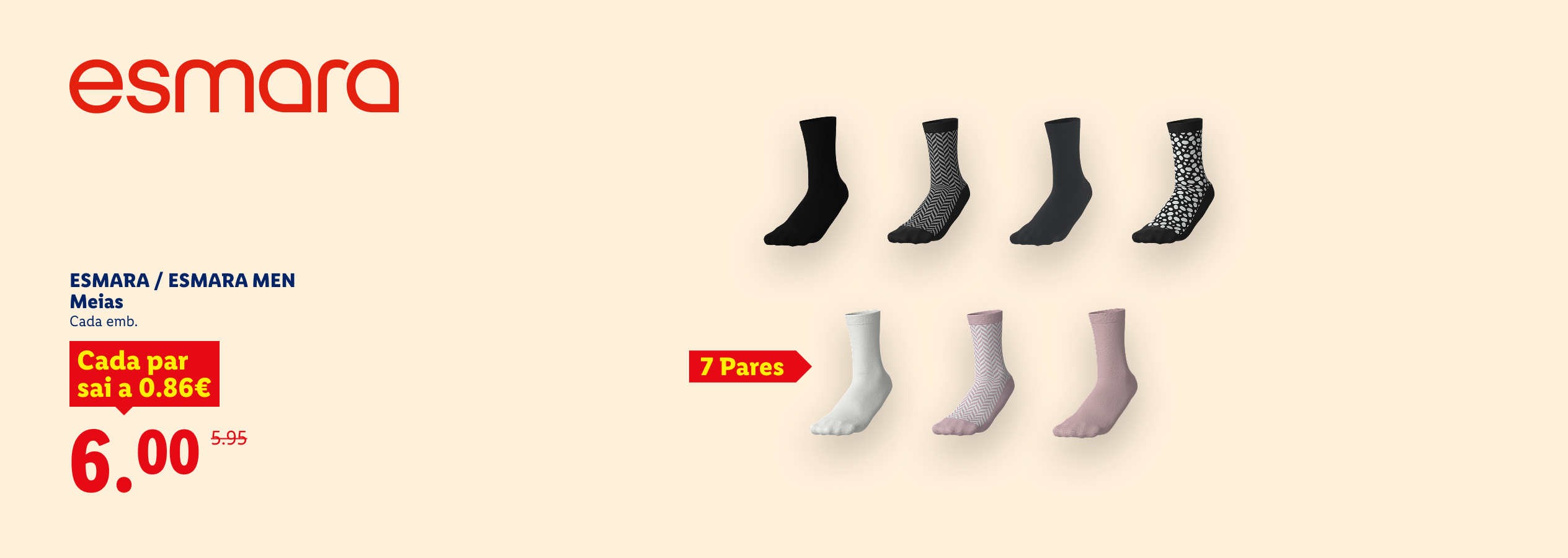Pack de 7 pares de meias para homem e senhora por 6,00€.