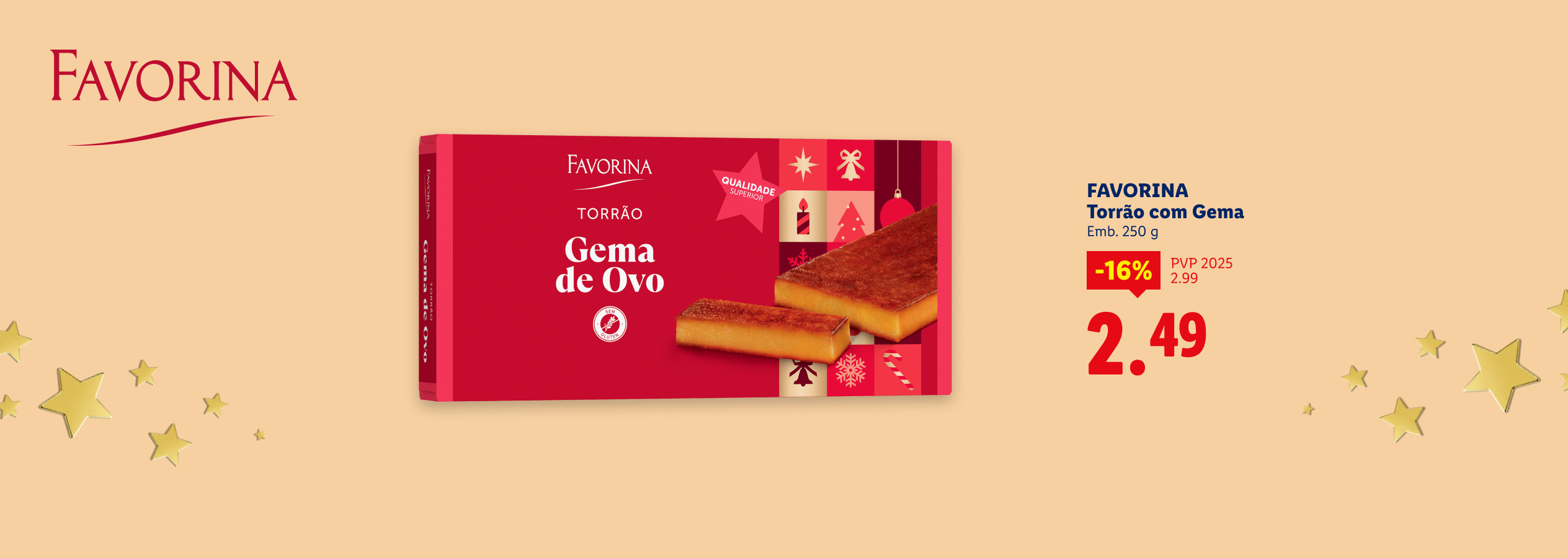 Torrão de gema de ovo de 250 g em promoção por 2,49 €.