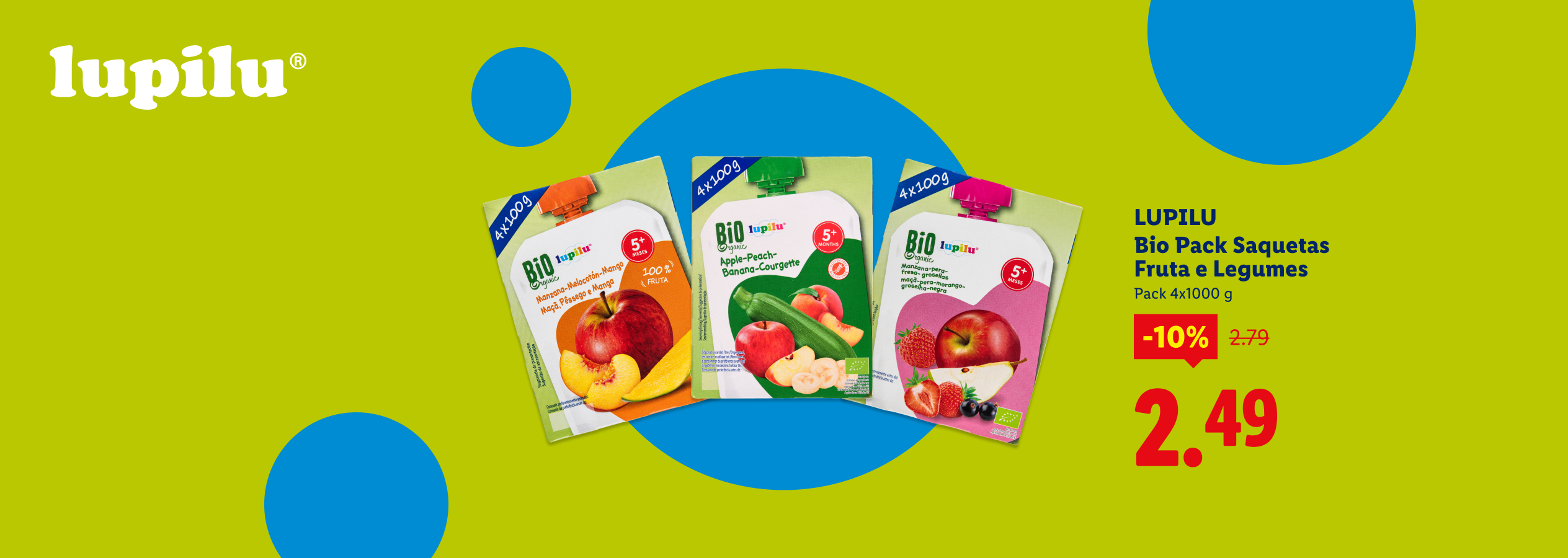 Embalagens de puré de fruta e legumes biológicos para bebé, com desconto de 10%.