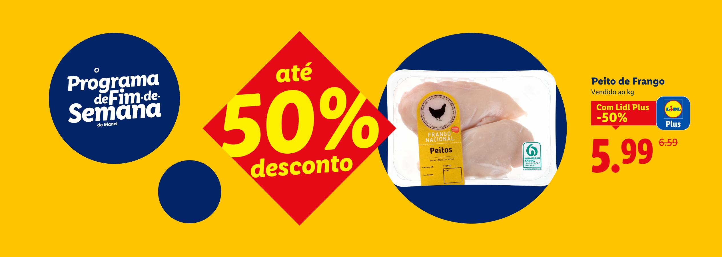 Anúncio de peito de frango com 50% de desconto para membros Lidl Plus, preço final 5,99€.