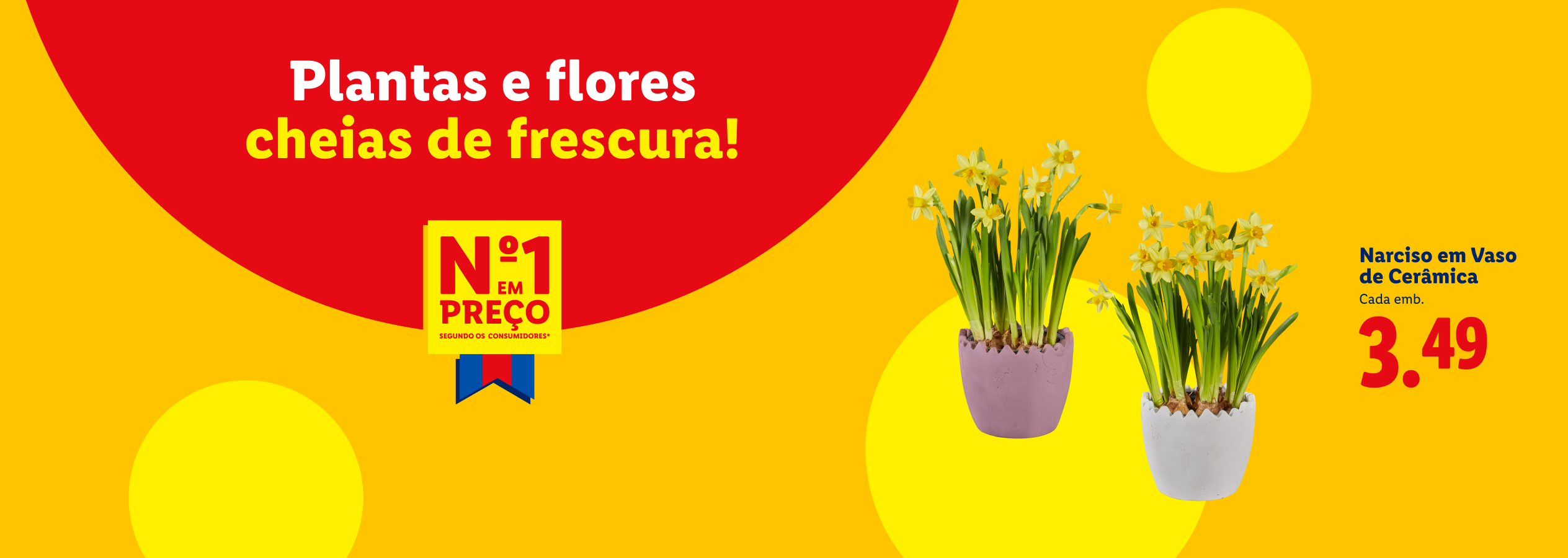 Plantas e flores frescas, com narcisos em vasos de cerâmica a 3,49€, e o selo 'Nº1 em Preço'.
