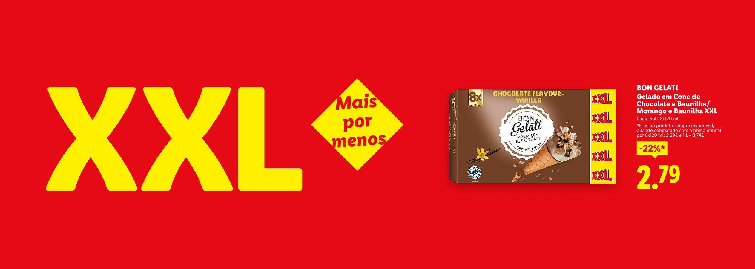 Gelado em cone de chocolate e baunilha/morango em embalagem XXL com 22% de desconto.