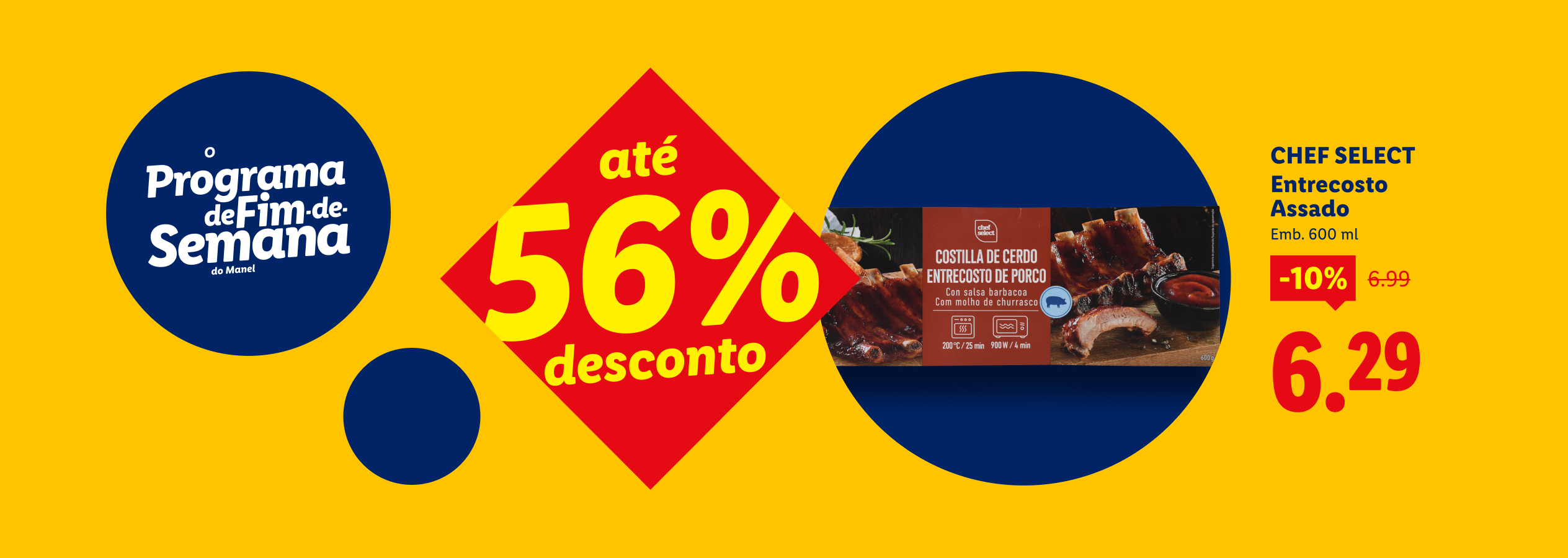 Costelas de porco assadas com molho barbecue, com 10% de desconto, agora a 6,29€.