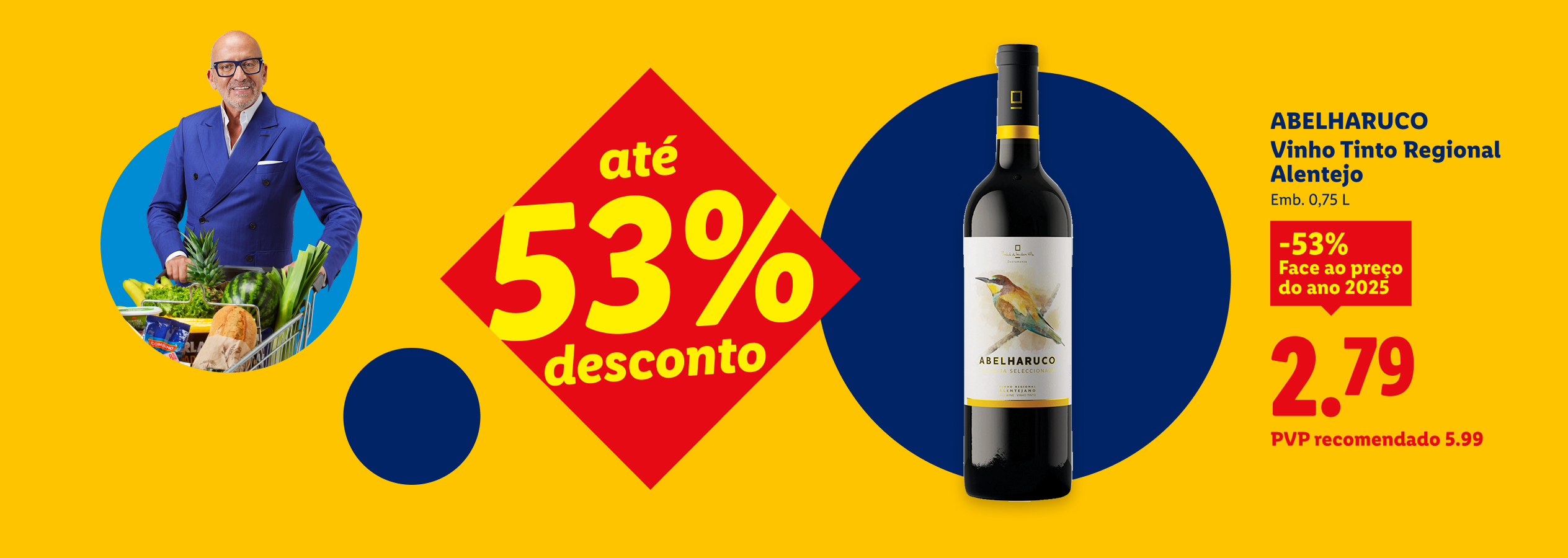 Homem com carrinho de compras, garrafa de vinho tinto com 53% de desconto, preço 2,79€.