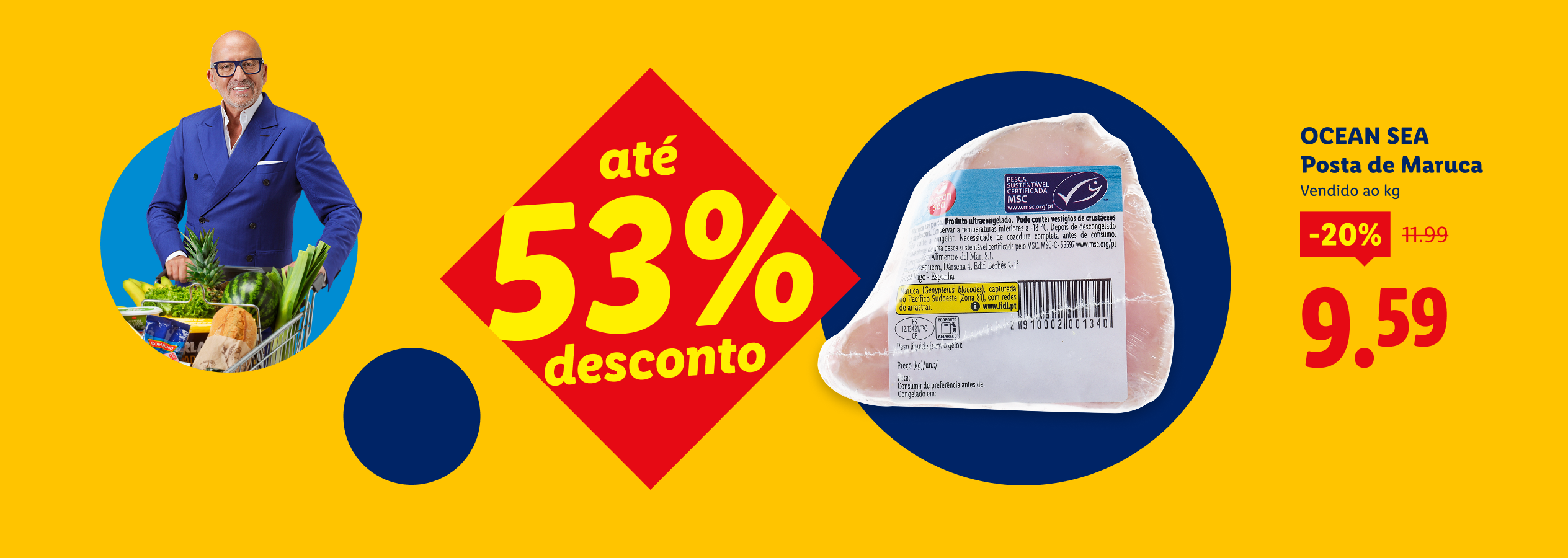Homem com carrinho de compras, peixe congelado em promoção de 53% e preço final de 9,59€.