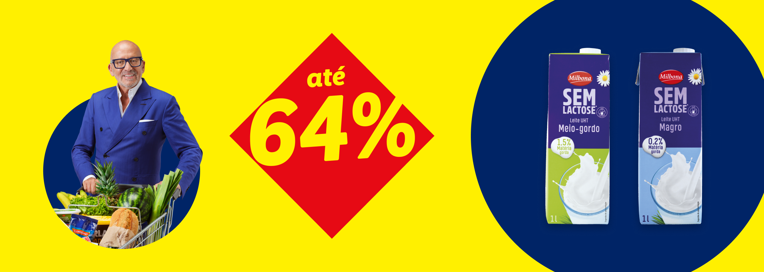 Banner promocional do Lidl com a mensagem 'até 64%' e a imagem de duas embalagens de leite UHT sem lactose de 1L da marca Milbona: Meio-gordo e Magro.