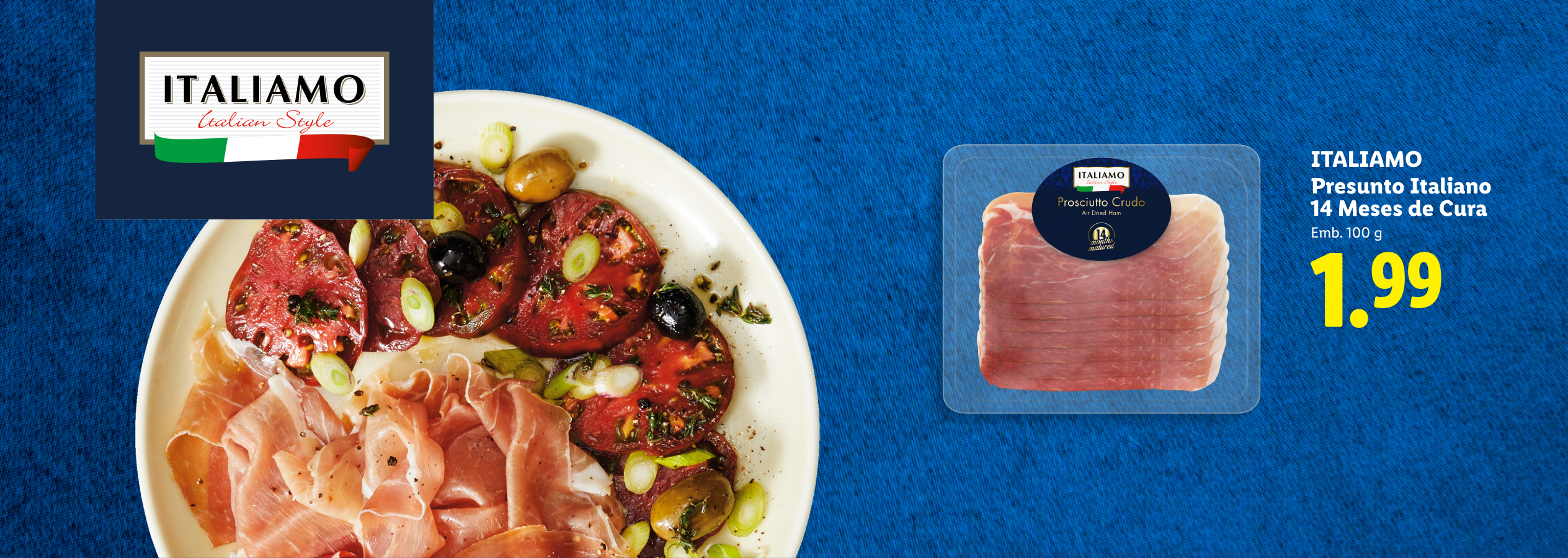 Prato com presunto e tomate, e embalagem de presunto italiano com preço.