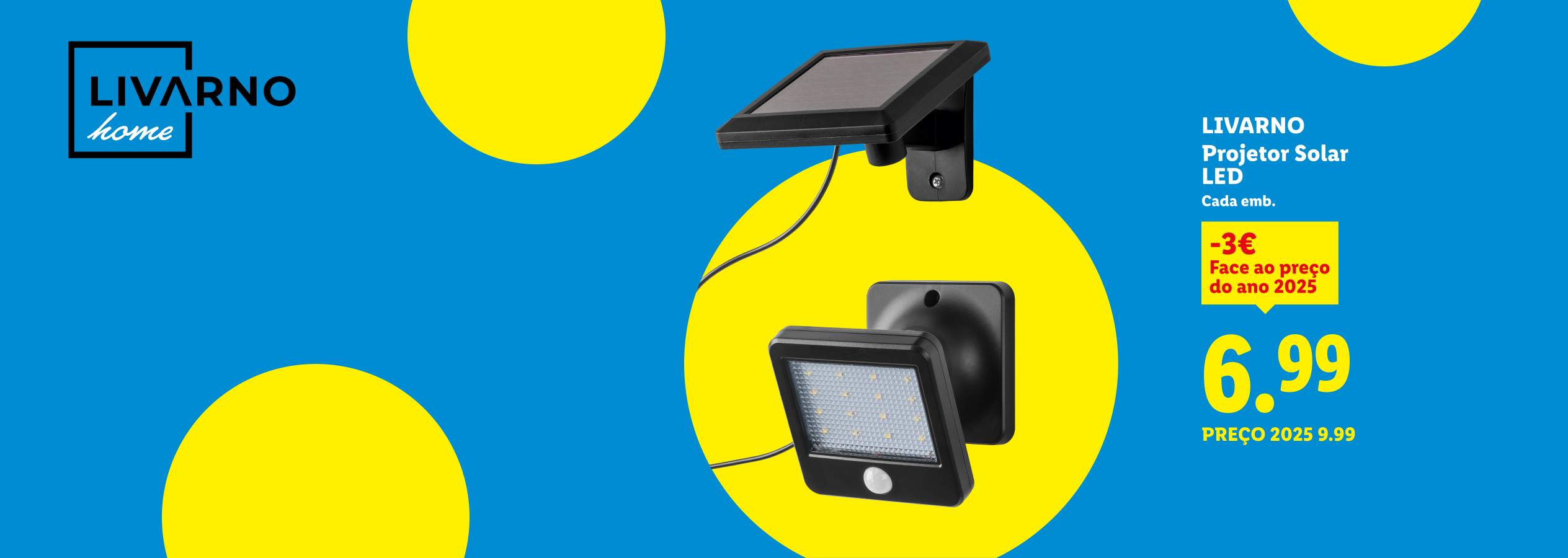 Projetor solar LED com desconto de 3€, agora por 6.99€, preço anterior 9.99€.