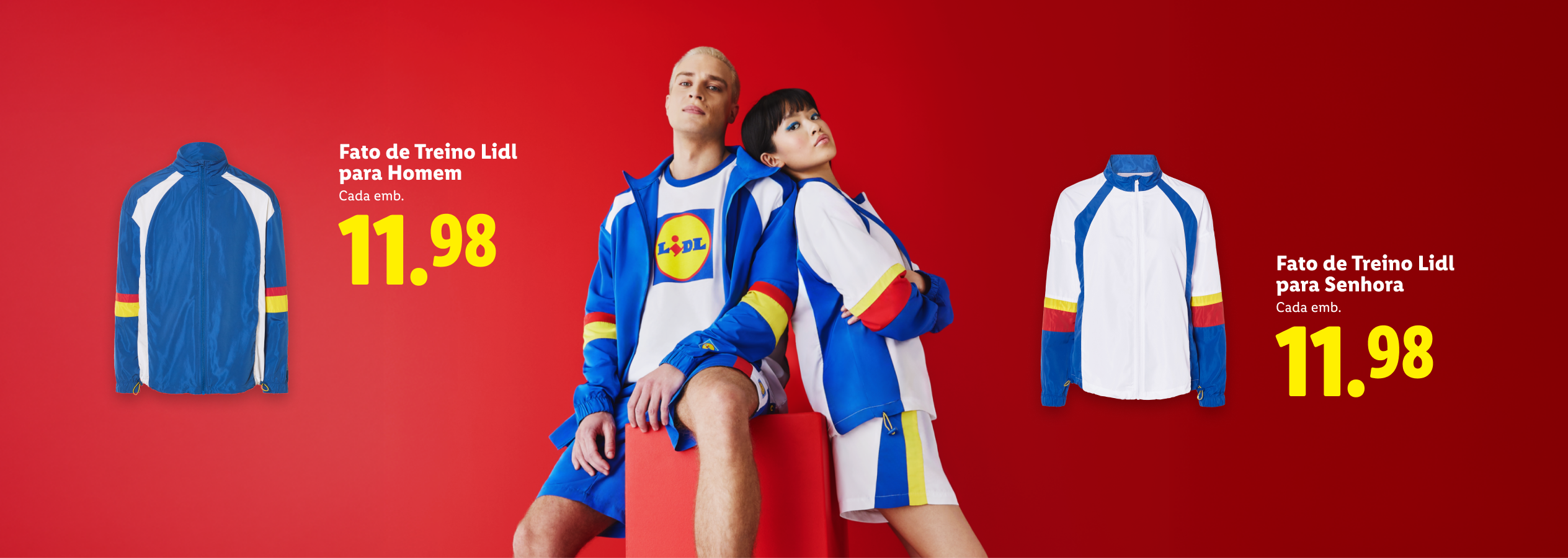 Fatos de treino para homem e senhora, cada um a 11,98€, em fundo vermelho.