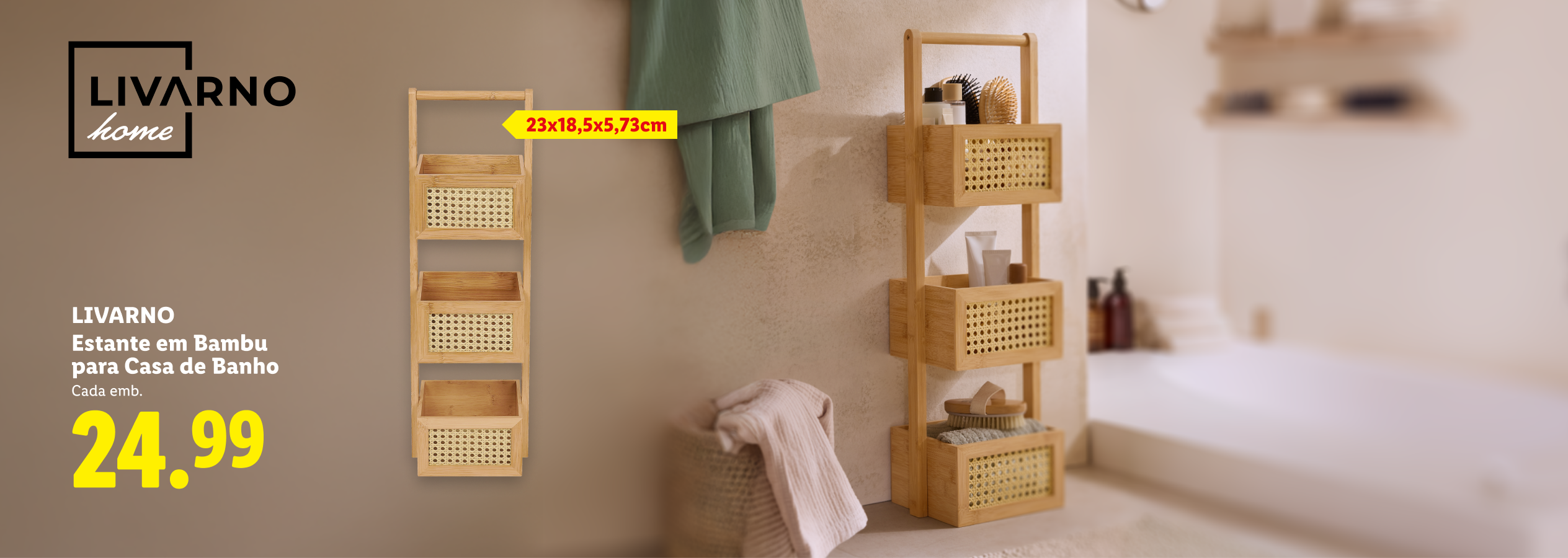 Estante de bambu para casa de banho com 3 prateleiras, 23x18,5x5,73cm, por 24,99€.