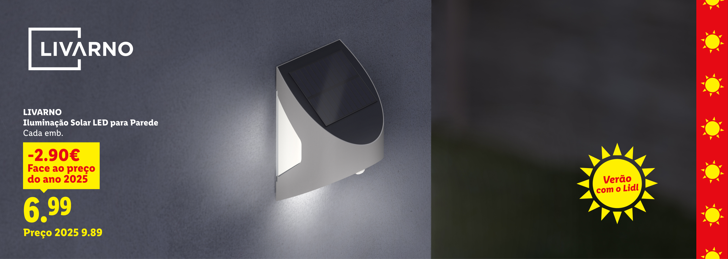 Iluminação solar LED de parede com desconto, preço de 6,99€, e tema de verão.