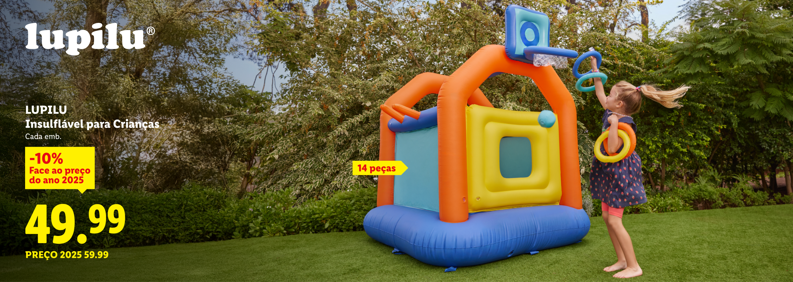 Castelo insuflável para crianças com 14 peças, com desconto de 10% a 49,99€.