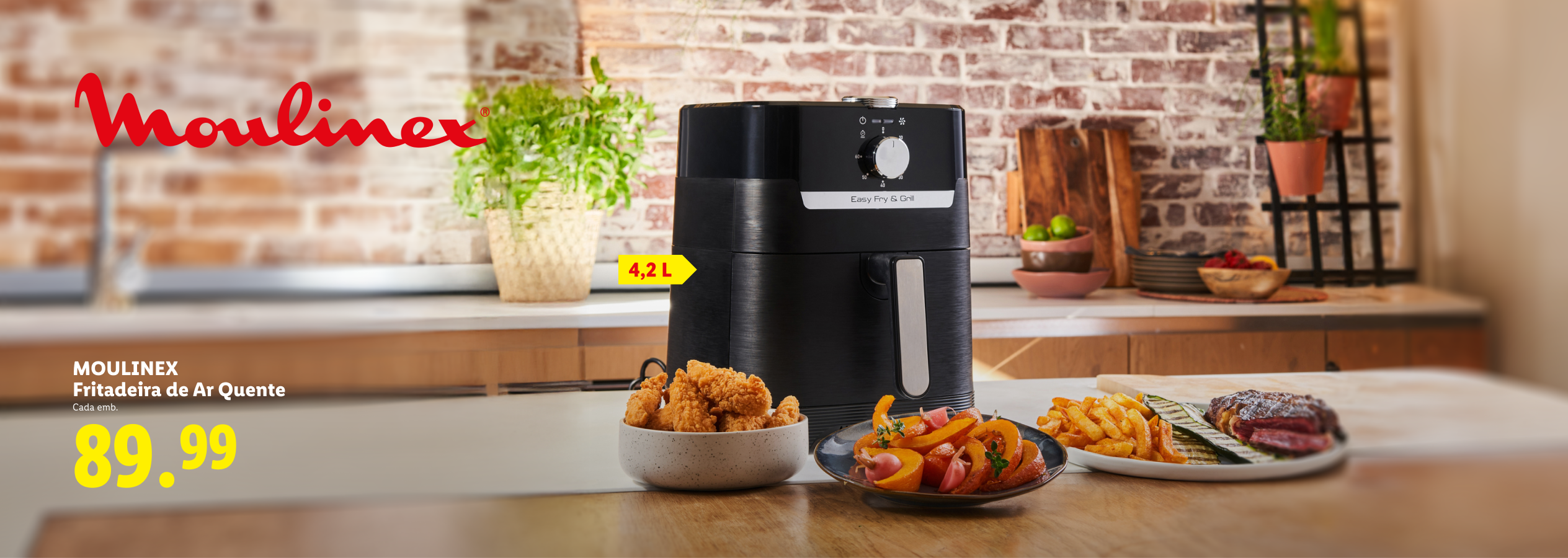 Fritadeira de ar quente de 4,2L com frango frito, batatas fritas e bife, custando 89,99€.
