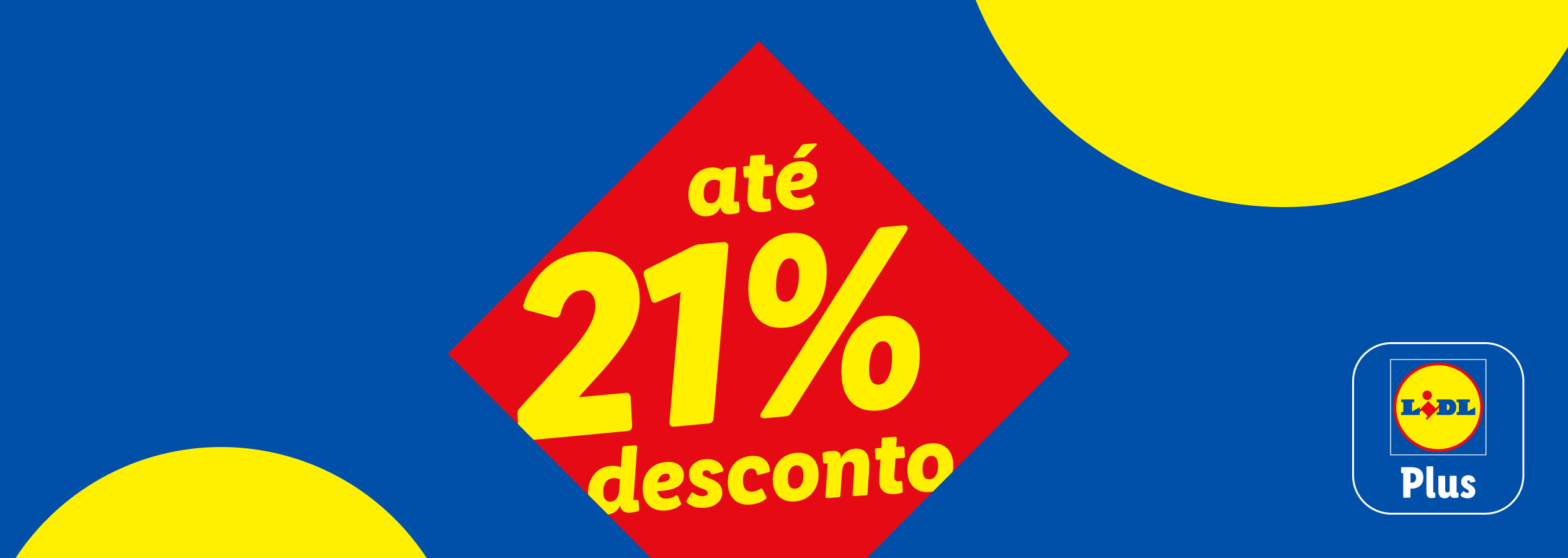 Fundo azul com formas amarelas e um losango vermelho com texto 'até 21% desconto' e o logótipo da aplicação Plus.