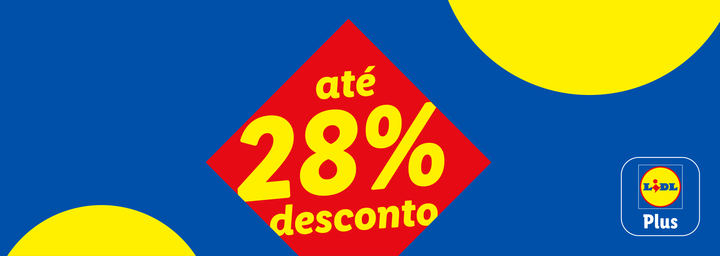 Fundo azul com formas amarelas e um losango vermelho com 'até 28% desconto' e o logótipo Plus.