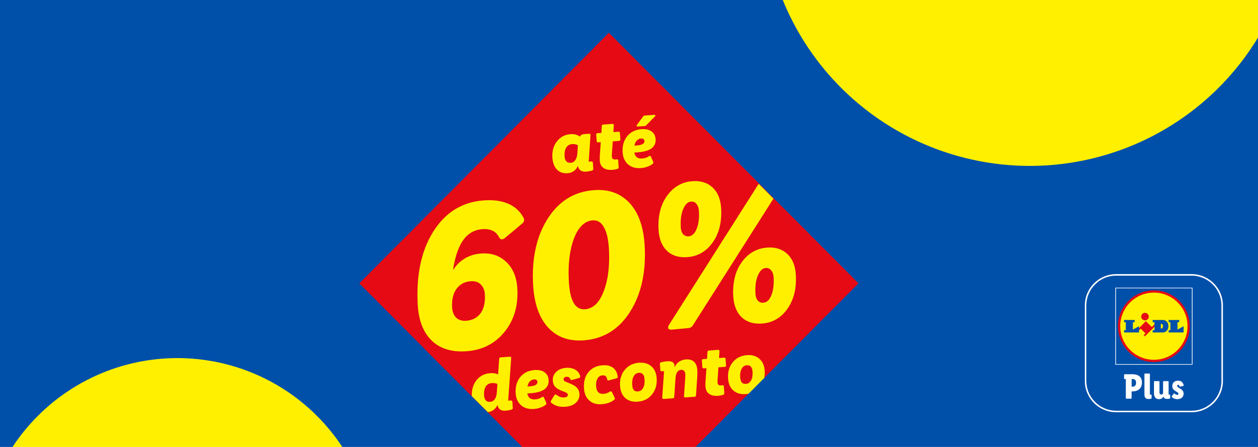 Fundo azul com círculos amarelos e um losango vermelho com 'até 60% desconto' em amarelo.