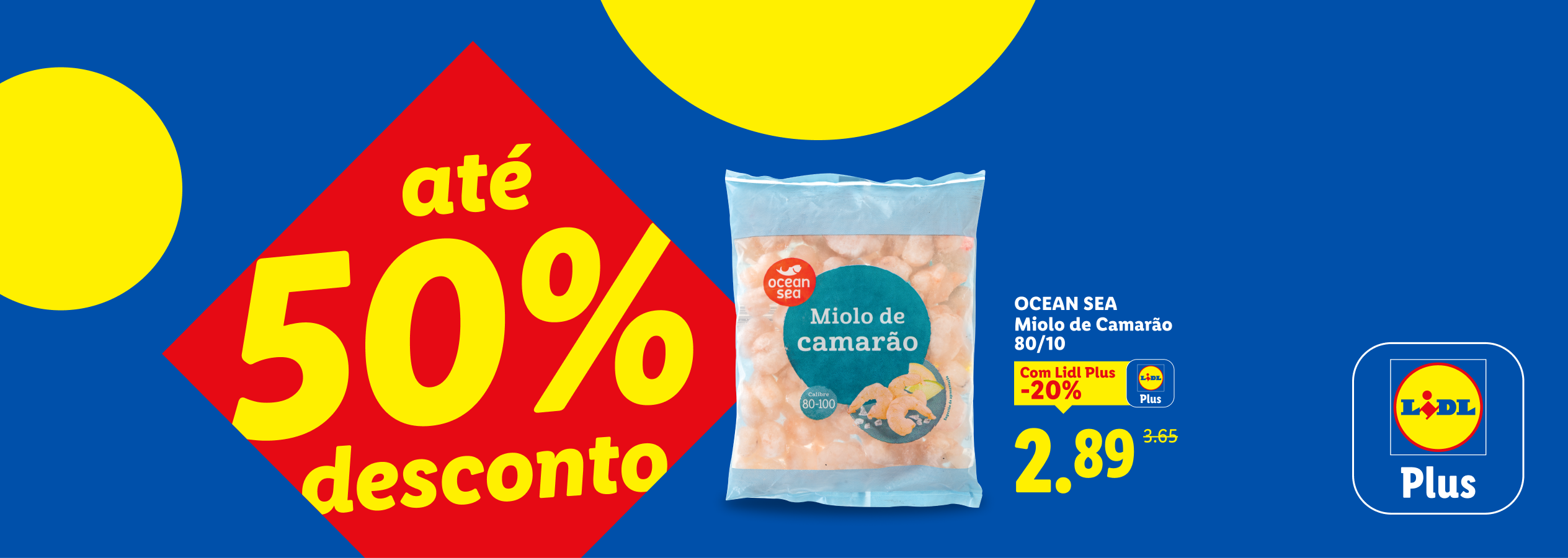 Promoção de camarão congelado com até 50% de desconto e 20% adicional com cartão Lidl Plus.