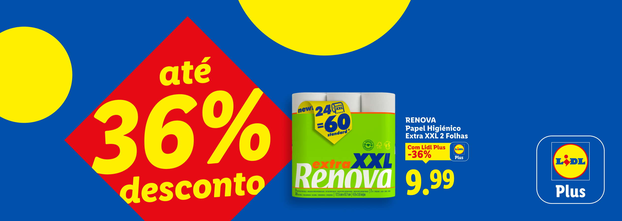 Anúncio de papel higiénico com desconto de até 36% e preço de 9,99€.