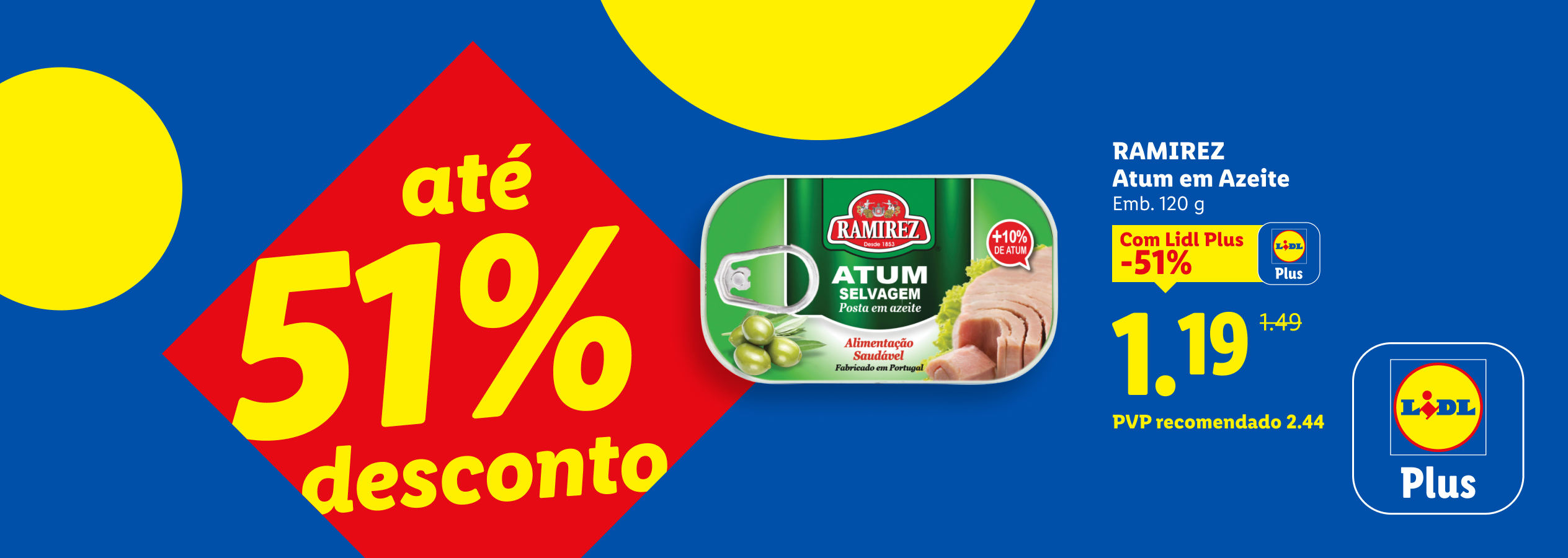 Lata de atum em azeite com desconto de 51% e preço de 1,19€.