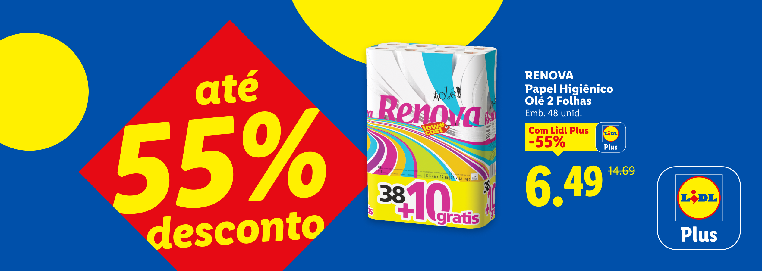 Rolo de papel higiénico com 55% de desconto, preço de 6,49€.